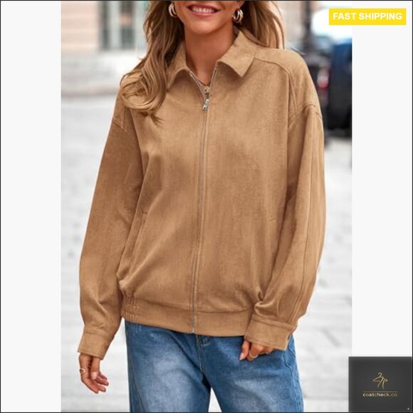 Oversized Faux Suede Bomber Jacket Women's Casual Zip Up Outerwear - Picture 4 of 7